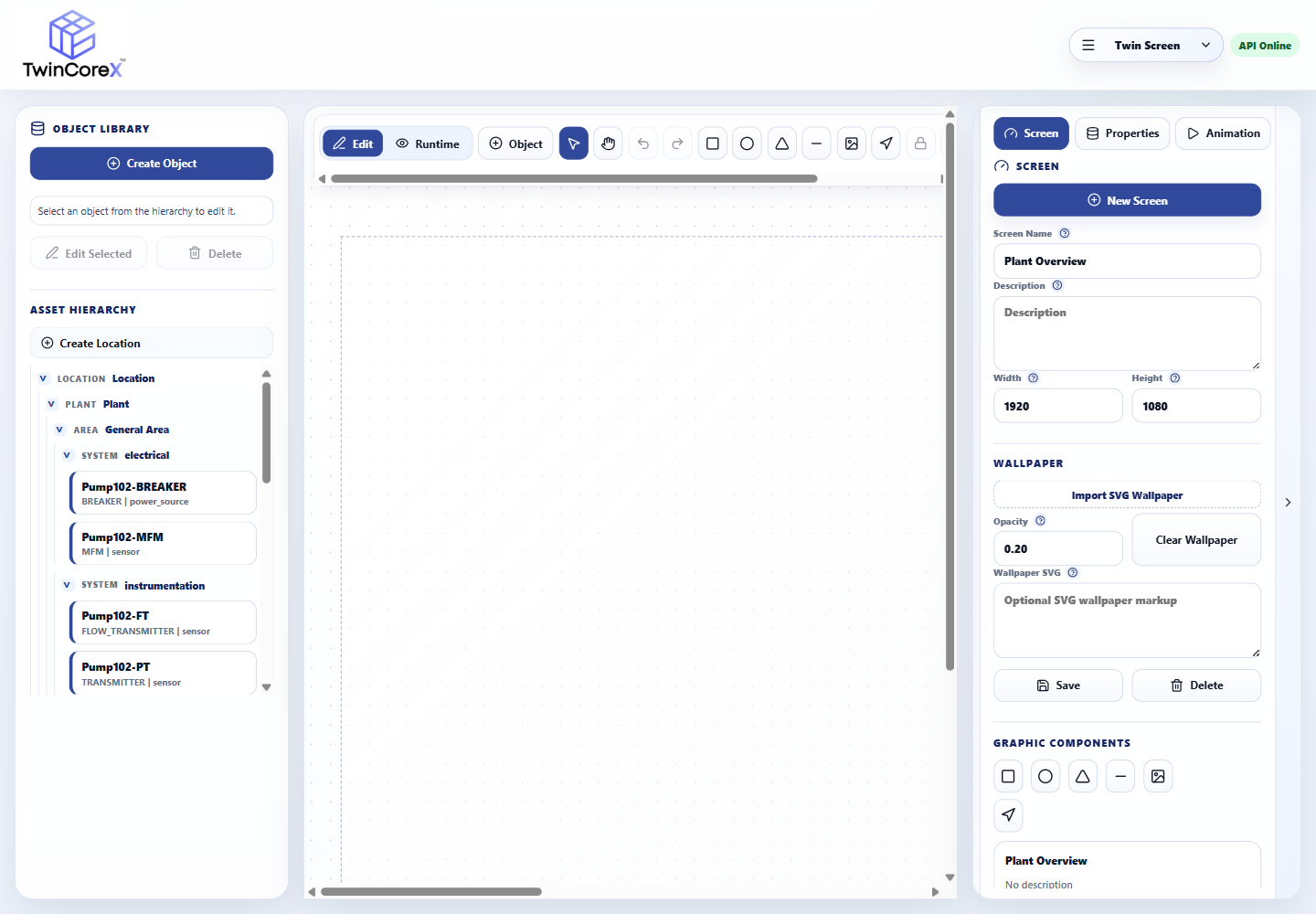 TwinCoreX Twin Screen editor with asset hierarchy, visualization canvas and properties panel